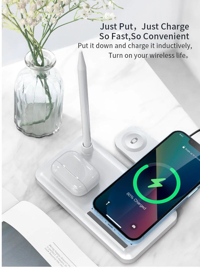 Draadloze Oplader voor Apple, 4 in 1 Draadloos Oplaadstation voor iPhone 14/15/16/13/12/11, Oplaadstation voor Apple Watch 10/9/8/7/6/SE/5, Oplader voor AirPods Pro/4, iPad(Zwart
